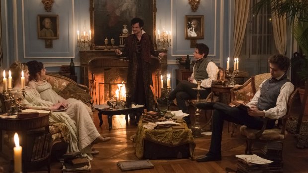 After-dinner horror: Mary Shelley (Elle Fanning), Claire Clairmont (Bel Powley), Lord Byron (Tom Sturridge), John Polidori (Ben Hardy) and Percy Shelley (Douglas Booth) in the film Mary Shelley.