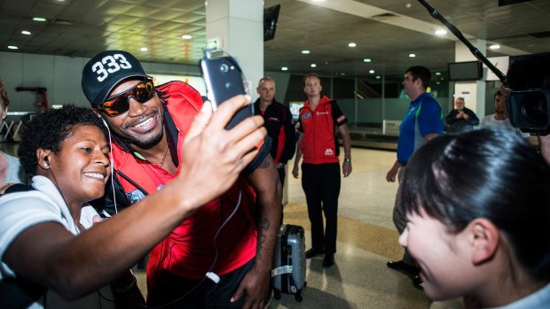 Chris Gayle of the Melbourne Renegades at Tullamarine Airport on Tuesday. 