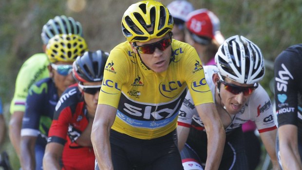 Colombia's Nairo Quintana, second from left, Australia's Richie Porte, third from left, Britain's Chris Froome, wearing the overall leader's yellow jersey, and the Netherlands' Bauke Mollema, right, during stage 17.