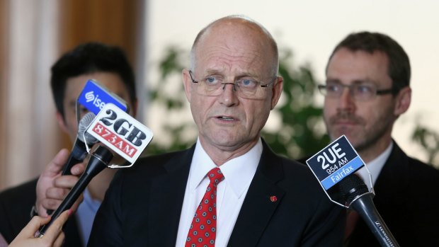 Chris Teoh and Ivan Hinton from Australian Marriage Equality, with LDP senator David Leyonhjelm on Thursday. 