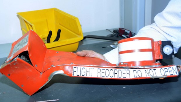 One of two Metrojet Airbus A321-200 flight recorders  on display at an undisclosed location in Egypt, on Sunday.