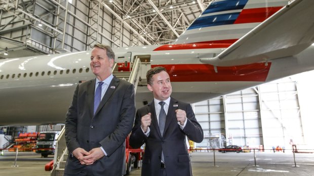 American Airlines chief executive Doug Parker, left, and Qantas boss Alan Joyce at Sydney Airport on Friday.
