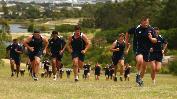 Uphill battle: The Waratahs get stuck into the hill sprints during pre-season training.