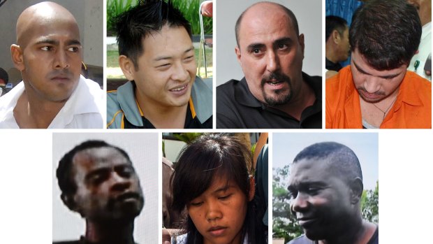 Five of the seven foreign death-row prisoners pictured were executed this week. Top row from left, Australians Myuran Sukumaran and Andrew Chan, Frenchman Serge Atlaoui, whose appeal is still in process, and Brazilian Rodrigo Gularte. Bottom row from left, Nigerian Raheem Agbaje Salami, Filipina Mary Jane Fiesta Veloso, whose process is pending, and Nigerian Silvester Obiekwe Nwolise.  