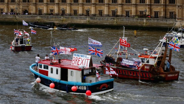 A flotilla of "leave" and "remain" campaigners took to the Thames River in London last week. 