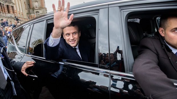 Triumphant: With more than 80 per cent of the vote counted Emmanuel Macron, France's independent presidential candidate, was narrowly ahead of far-right candidate Marine Le Pen.