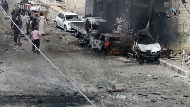 An image posted online by supporters of the Islamic State militant group in July  purports to show the aftermath of air strikes in Manbij, a town which this month was liberated by US-backed Kurdish militias.
