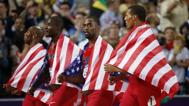 From left, United States' 4x100-metre relay team Trell Kimmons, Justin Gatlin, Tyson Gay and Ryan Bailey after taking their now stripped silver medal in London.