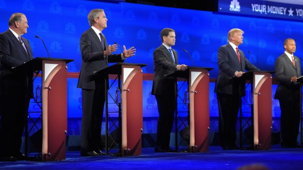 Jeb Bush, second from left, is flanked by Mike Huckabee, left, Marco Rubio, centre, Donald Trump and Ben Carson at the CNBC Republican presidential debate on Wednesday.