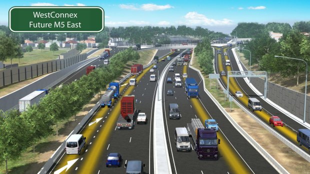 An artist's impression of planned upgrades to the WestConnex motorway: M5 East and King Georges Road interchange in Beverly Hills.