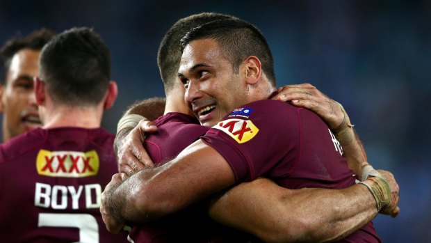 Laughing like a winner: Maroons centre Justin Hodges celebrates after game one of the State of Origin series.
