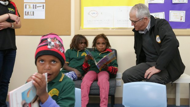 Prime Minister Malcolm Turnbull speaks to students at the Yalata Anangu School in South Australia.
