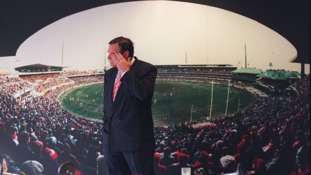 Emotional: Ron Barassi sheds a tear as he leaves the Swans in 1995.