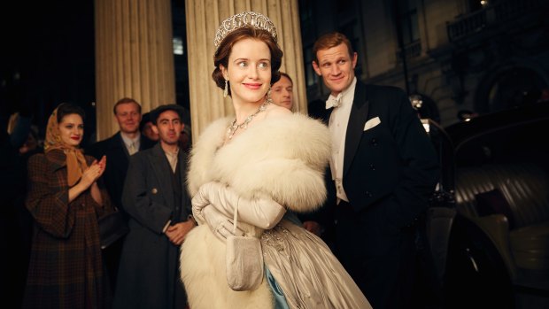 Queen Elizabeth II (Claire
Foy) with Prince Philip (Matt Smith)
in <i>The Crown</i>.