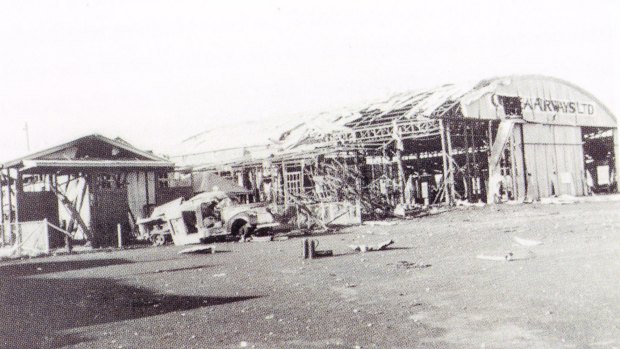 Devastation: Hangar at the Parap civil airfield, Darwin, after air raids.