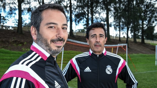 Words of wisdom: Real Madrid junior coaches Jaime Torcal and Tristan Celador at a football clinic at Newington College.