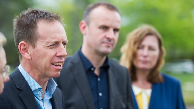 Greens leader Shane Rattenbury with ACT chief minister Andrew Barr and deputy chief minister Yvette Berry.