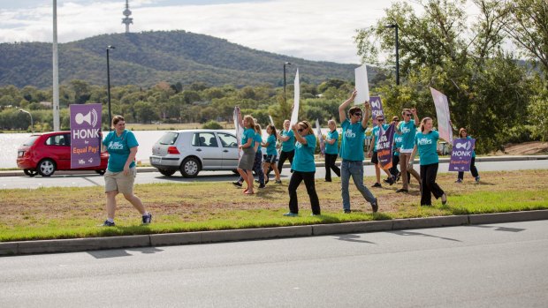 Canberra's childcare workers walked off the job and did a 'honkathon' on Commonwealth Avenue.