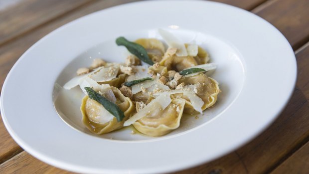 Tortelli are stuffed with sweet roasted pumpkin, parmesan and orange zest.