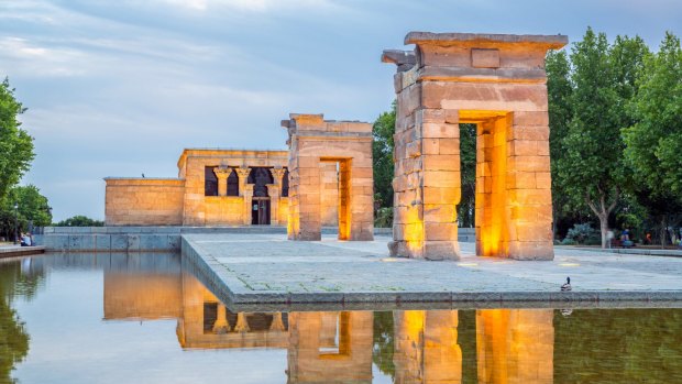 Sunset over the Temple of Debod in Madrid.