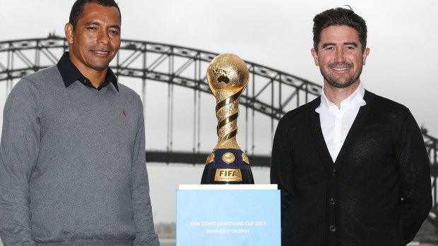 Moving on: Harry Kewell (right), pictured promoting the Confederations Cup with former Brazil and Arsenal midfielder Gilberto Silva in March.