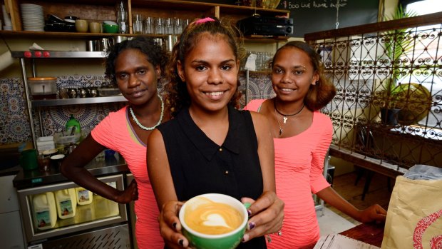  Shenika Rocky, 16, Claudia Hudson, 16, and Leah Warradoo, 16 get a lesson in Melbourne coffee culture.