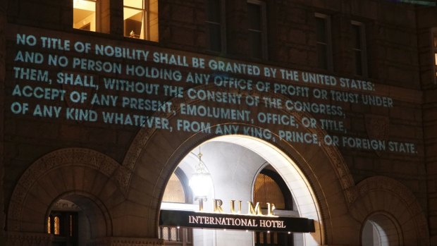 The Emoluments clause as projected onto the Trump International Hotel in Washington.