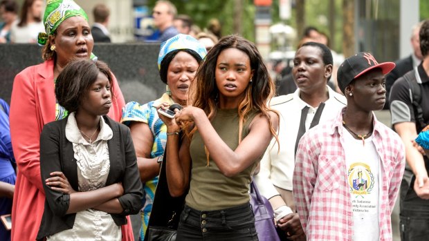 Family of Akon Guode, including her daughter Akio Chabiet (centre), outside court on Tuesday.