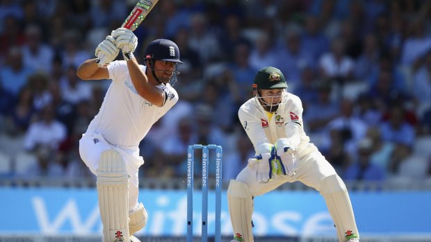 Leading from the front: Alastair Cook bats as Peter Nevill keeps wicket.