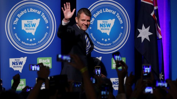 NSW Premier Mike Baird celebrated victory at the Sofitel Wentworth hotel in Sydney with his wife Kerryn and children Cate, Laura and Luke on election night.