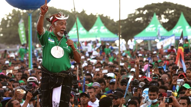Former East Timorese president Xanana Gusmao speaks to supporters during a CNRT Party campaign rally in Dili, on Tuesday.