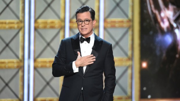 Host Stephen Colbert appears at the 69th Primetime Emmy Awards on Sunday, Sept. 17, 2017, at the Microsoft Theater in Los Angeles. (Photo by Phil McCarten/Invision for the Television Academy/AP Images)