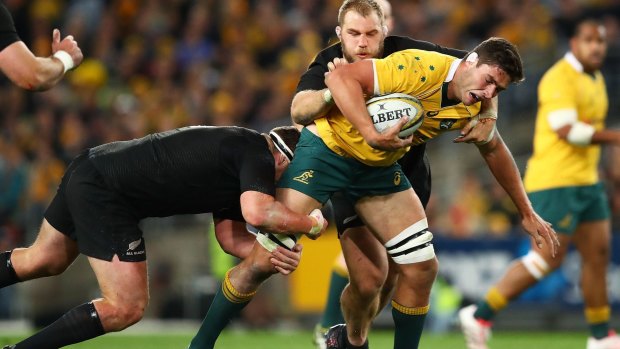 Wrapped up: Wallabies forward Rob Simmons is tackled by the All Blacks.