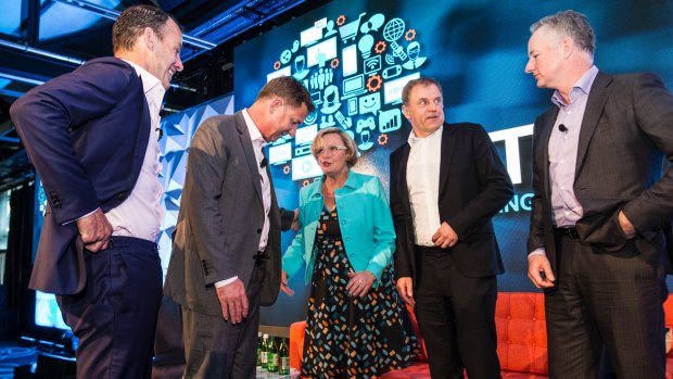 Kim Portrate (centre) at the ThinkTV launch with founding members (from left) Ten CEO Paul Anderson, Seven CEO Tim Worner, Foxtel CEO Peter Tonagh and Nine CEO Hugh Marks. 
