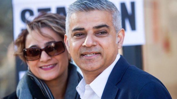 Sadiq Khan, new London mayor, and his wife Saadiya Khan, after voting on Thursday.