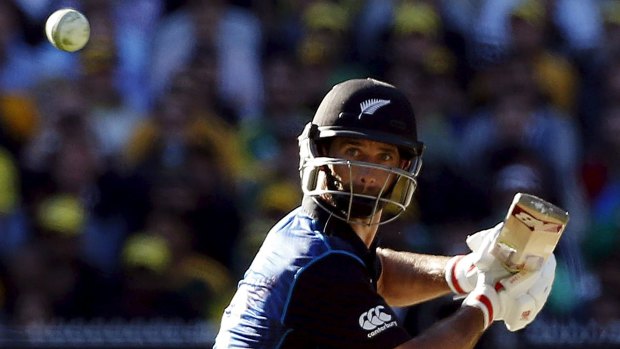 Big stage: Grant Elliott hits a boundary during the Cricket World Cup final match against Australia.