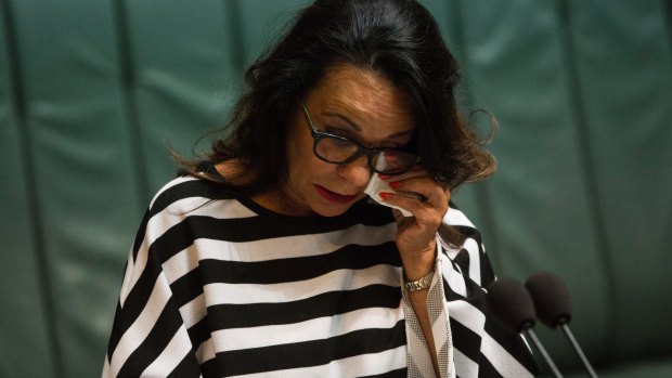 Linda Burney MP tears up as she speaks on the same-sex marriage bill.