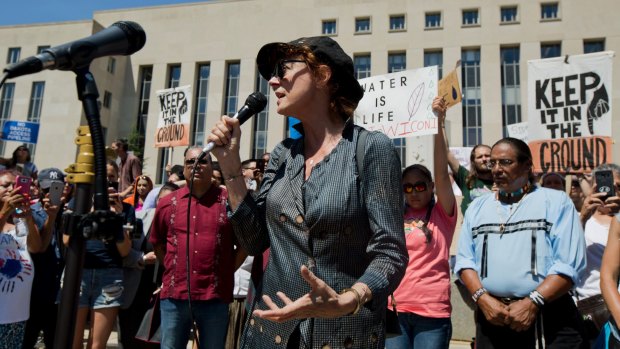 Actress Susan Sarandon speaks at a rally protesting the pipeline outside US District Court in Washington last month.
