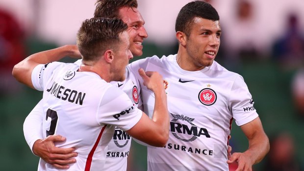 Brendon Santalab feels the love after scoring the Wanderers' opener.