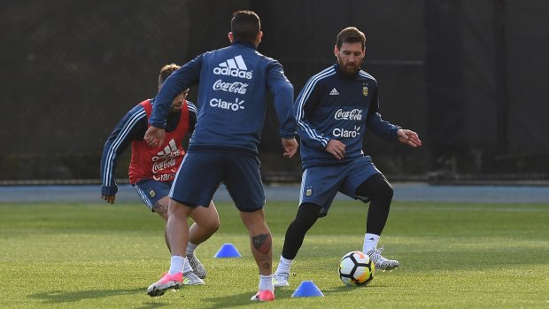 Argentina great Lionel Messi trains at La Trobe University on Monday night.