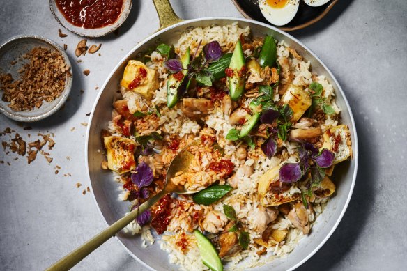 One-pot nasi goreng served with crispy fried shallots, sambal oelek and soft-boiled eggs.