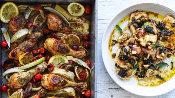 Light v dark meat: Chicken drumstick tray bake (left) and chicken breast paillard.