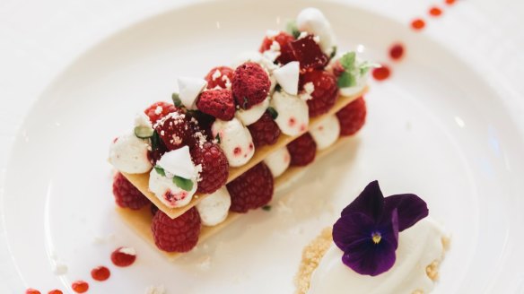 Raspberry and shortbread millefeuille with malt ice-cream.