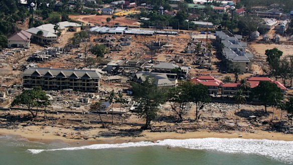 Devastation: An aerial view of the Thai resort town of Khao Lak a few days after the Boxing Day tsunami struck in December 2004. 