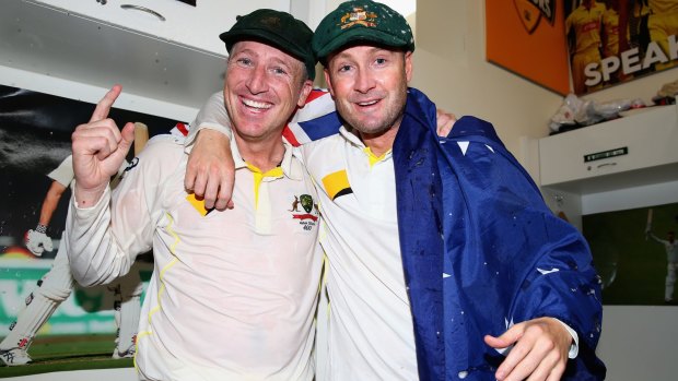 Brad Haddin and Michael Clarke of Australia celebrate the Ashes victory in 2013.