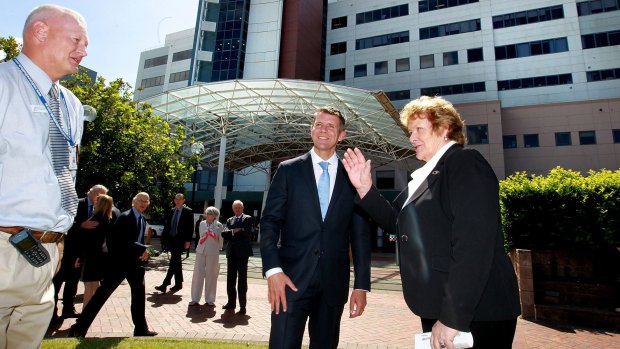 Premier Mike Baird and Health Minister Jillian Skinner outside Prince of Wales Hospital on Monday.