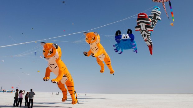 今年1月,印度城市Uttarayan举办年度国际风筝节,欢乐的显示的颜色和杂技演员。