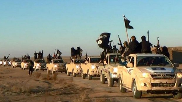 Islamic State jihadists hold up their weapons and wave flags from their vehicles in a convoy near Raqqa city in Syria, in this undated photograph. 