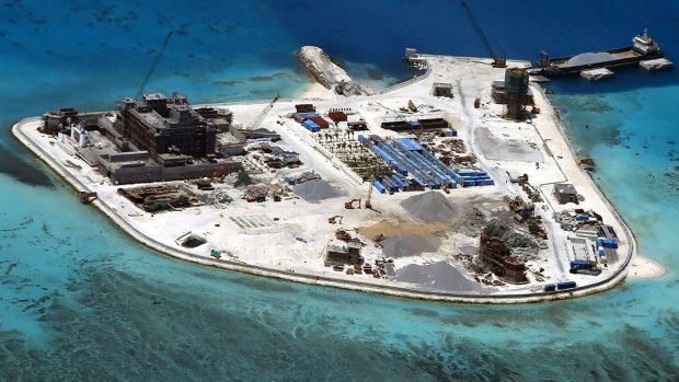 A Chinese base under construction on Mabini (Johnson) Reef, one of the disputed Spratly Islands in the South China Sea.  