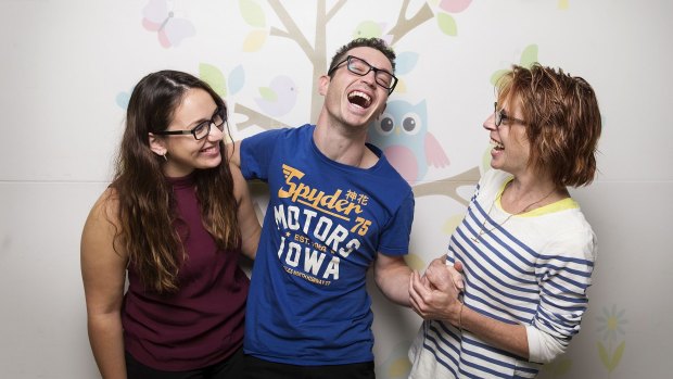 Sharing a joke: (From left) Maddy Buchner with brother Charlie and mother Lisa Buchner at Monash Medical Centre ward 41 North. 